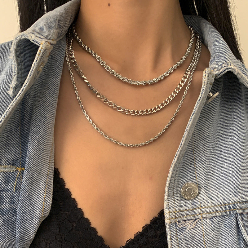 Hip-hop Punk Minimalist Geometric Round Alloy Plated Multi-layer Curb Chain Necklace for Women