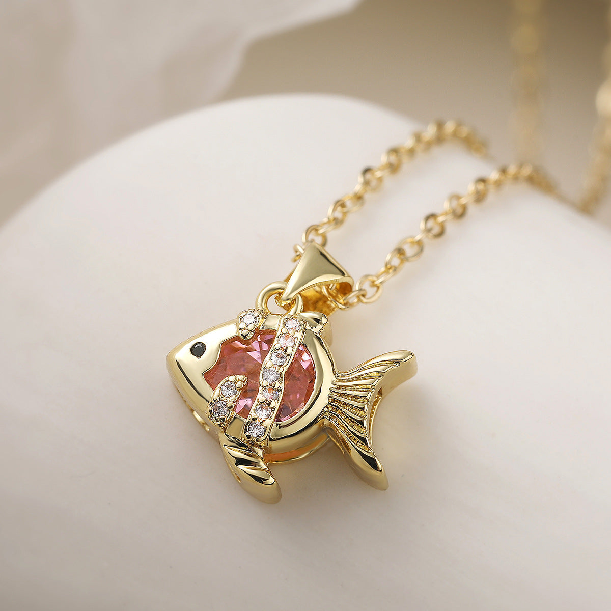 Minimalist Gold Plated Brass Geometric Fish Pendant Necklace with Cubic Zirconia for Women