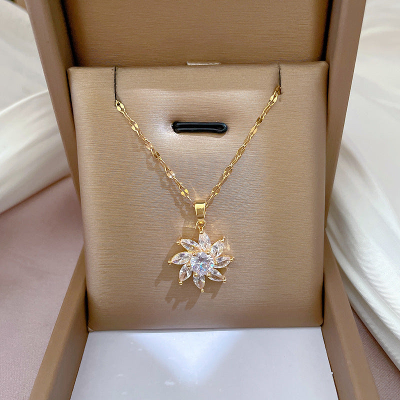 Elegant Geometric Sunflower Pendant Necklace for Women in Titanium Steel with Micro-Pavé Gold-Plated Brass Accent
