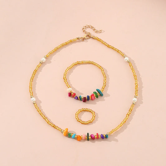 Juego de collar de cadena con cuentas turquesas estilo bohemio con pulsera y anillo para niños