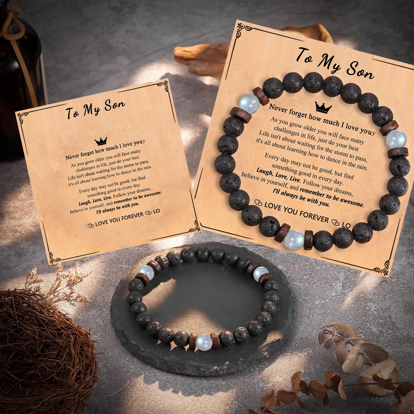 Sweet Geometric Black Volcanic Agate Moonstone Bracelet Unisex Elastic String Handmade Gift