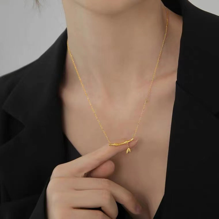 Minimalist Geometric Bamboo Section Necklace 18K Gold Plated Titanium Steel O-Chain Pendant for Women