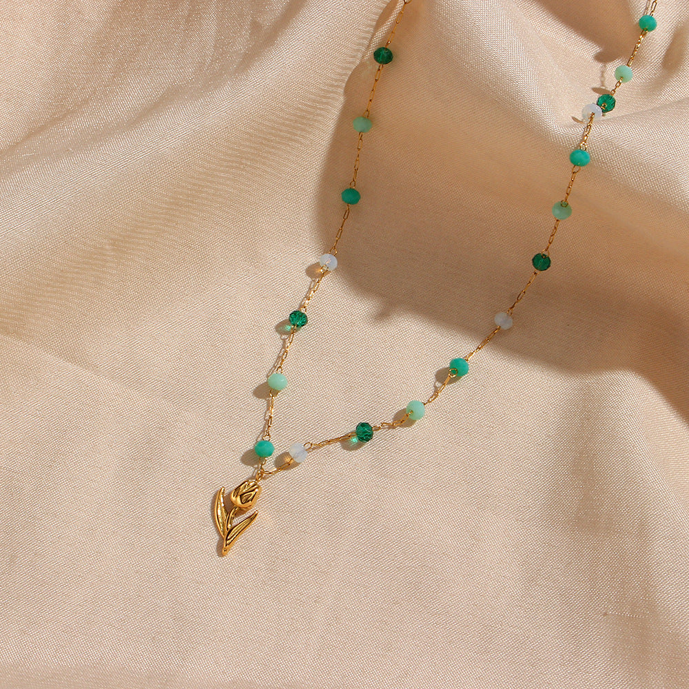 Minimalist Tulip Pendant Necklace in Stainless Steel with Colorful Beads and Electroplated Finish for Women
