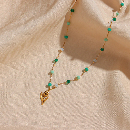 Minimalist Tulip Pendant Necklace in Stainless Steel with Colorful Beads and Electroplated Finish for Women