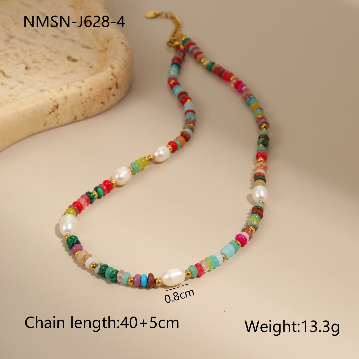 Collar bohemio de perlas de agua dulce y piedras naturales geométricas con cuentas en acero inoxidable con acabado chapado para mujer