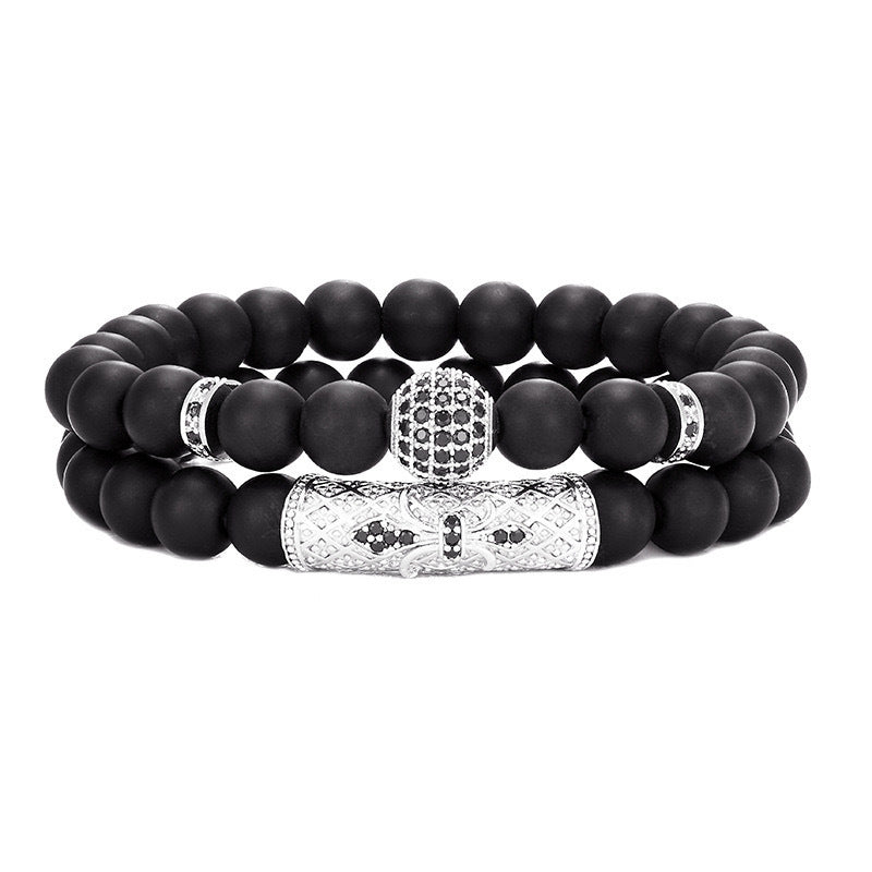 Business Crown Shape Brass Inlay Agate Rhinestone Unisex Bracelet Set