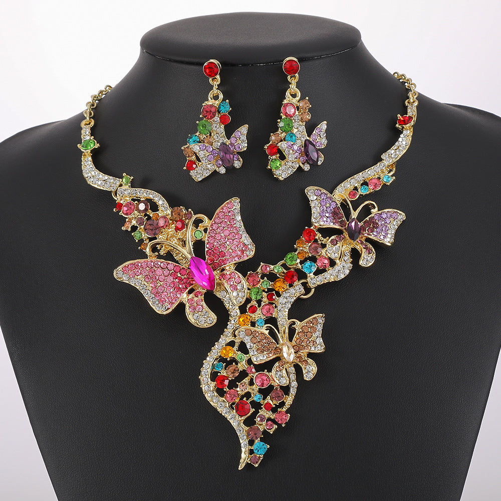 Sweet Elegant Butterfly Rhinestone Alloy Plated Necklace and Earring Set with Cable Chain for Women