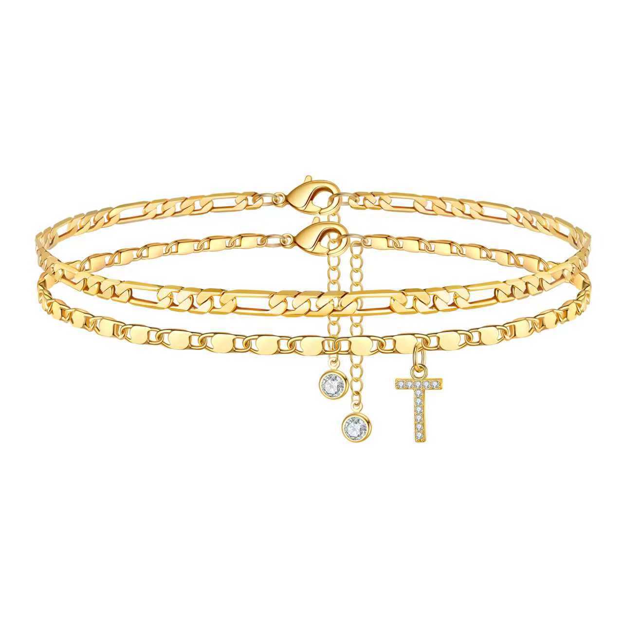 Bohemian Gold Plated Alloy Letter Cubic Zirconia Figaro Chain Anklet for Women