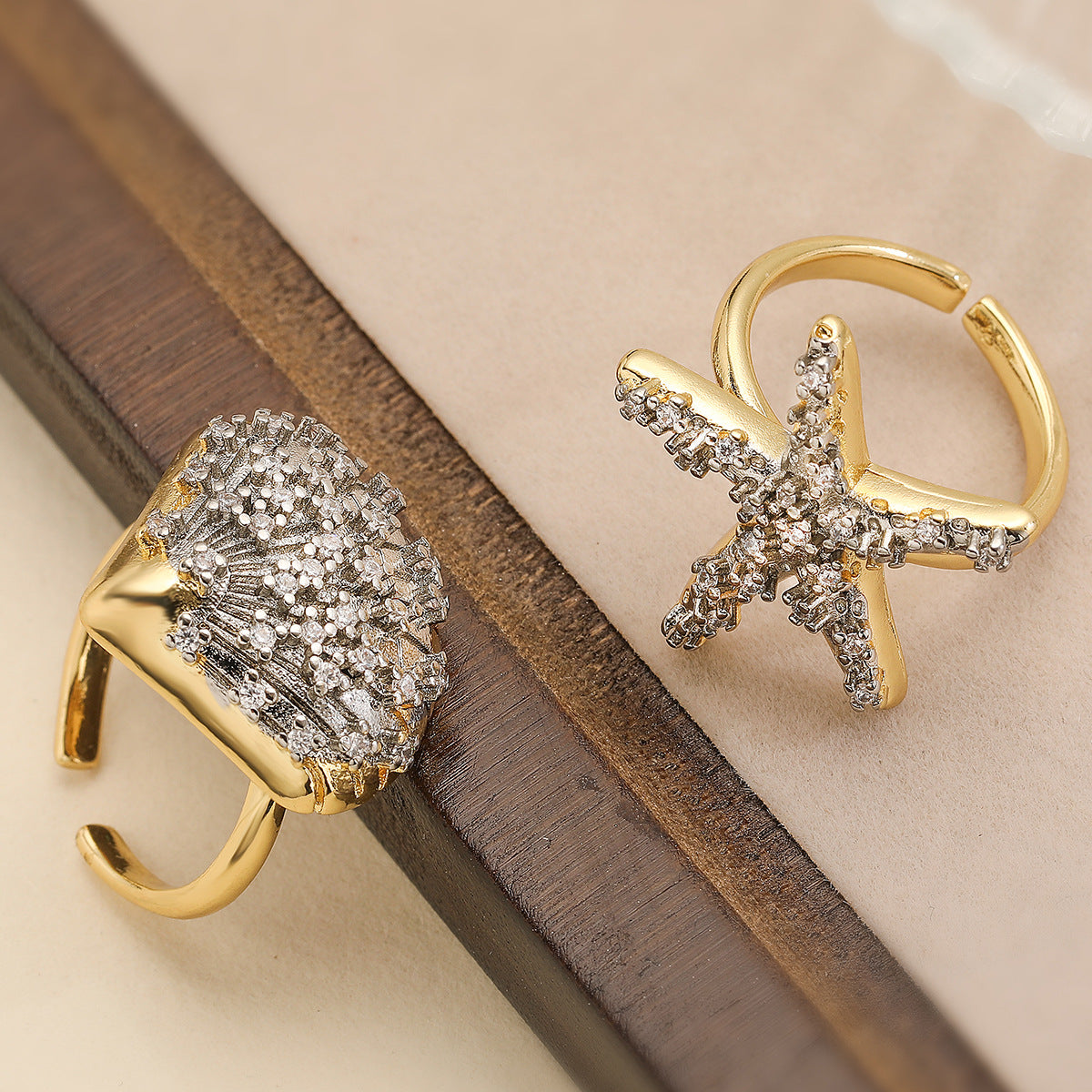 Minimalist Geometric Starfish and Seashell Open Ring for Women in Copper with Micro-Pave Zirconia