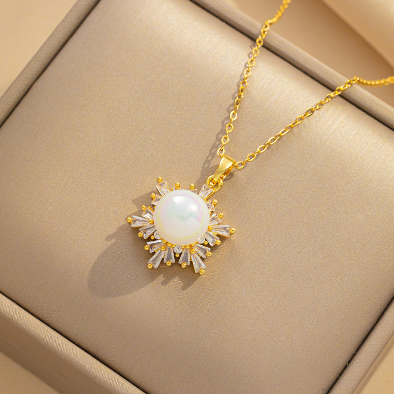 Collana minimalista geometrica in acciaio al titanio da donna con pendente in madreperla, placcata oro 18 carati, design a fiocco di neve, zirconi trapezoidali micro-incastonati, catena lucida a clavicola