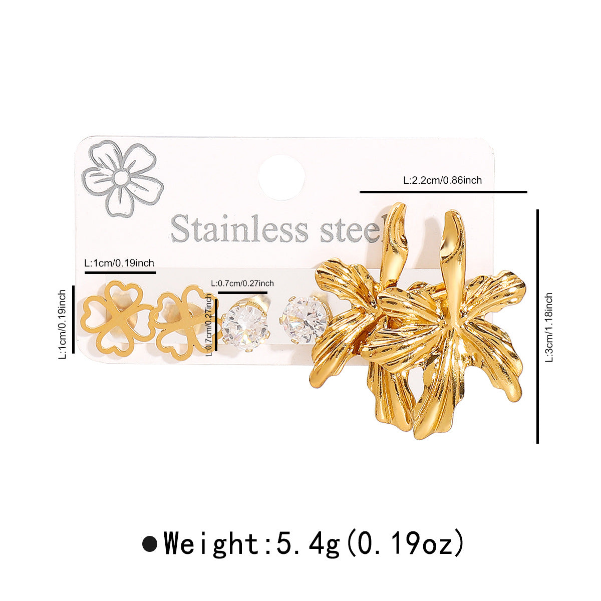 Orecchini a perno con strass bianchi geometrici a forma di cuore a farfalla, in acciaio inossidabile placcato oro 14K, minimalisti, da donna