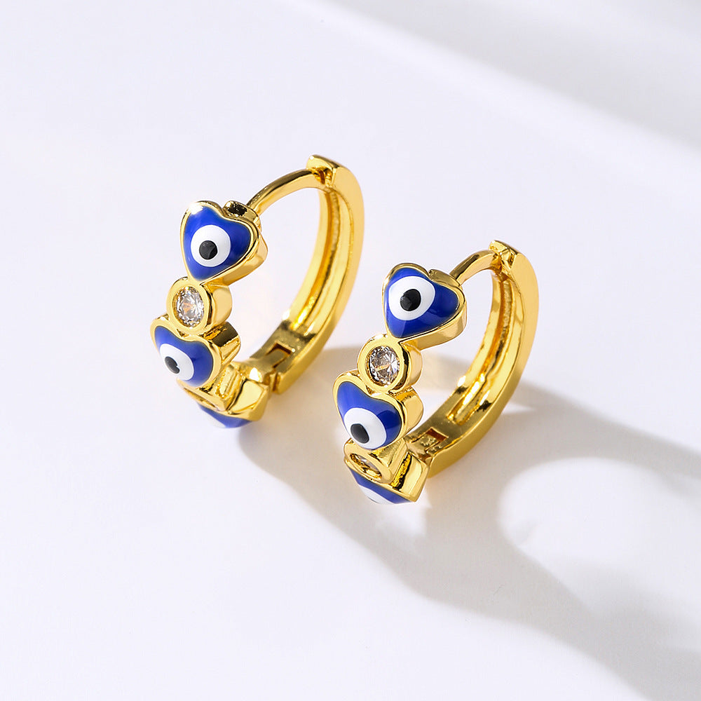 Geometric Demon Eye Earrings for Women with Copper Base Plated in Real Gold and Micro-Paved Zirconia with Enamel Finish
