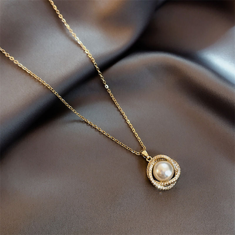 Luxury Minimalist Geometric Pearl Pendant Necklace for Women in Titanium Steel with Copper Inlay and Rhinestone Accents on O-Chain