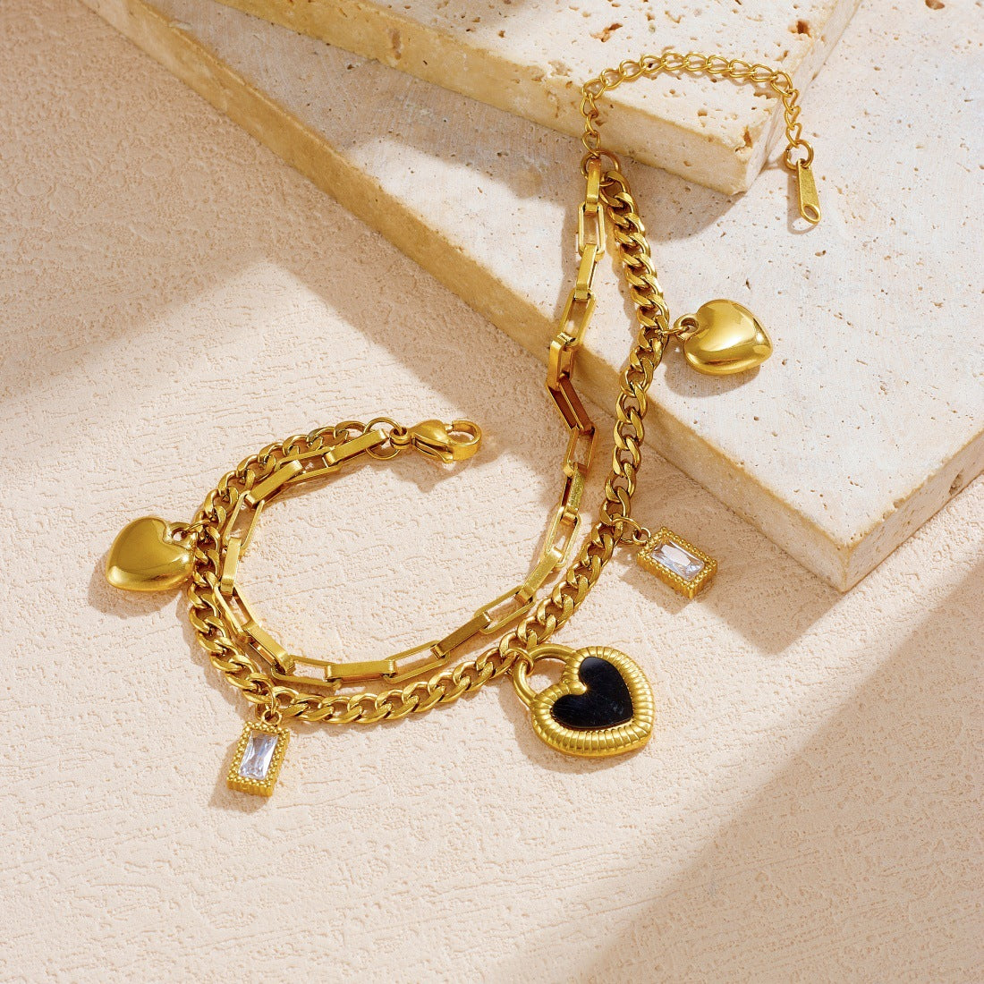 Luxury Gold Plated Stainless Steel Double Layer Chain Bracelet with Heart and Square Pendants for Women