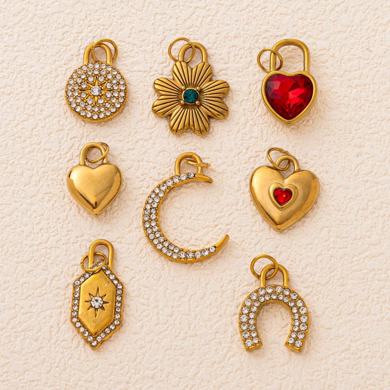 Vintage 18K Gold Plated Stainless Steel Heart Geometric Pendant Necklace with Cubic Zirconia Inlay DIY Charm Bar