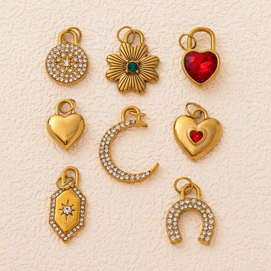 Vintage 18K Gold Plated Stainless Steel Heart Geometric Pendant Necklace with Cubic Zirconia Inlay DIY Charm Bar