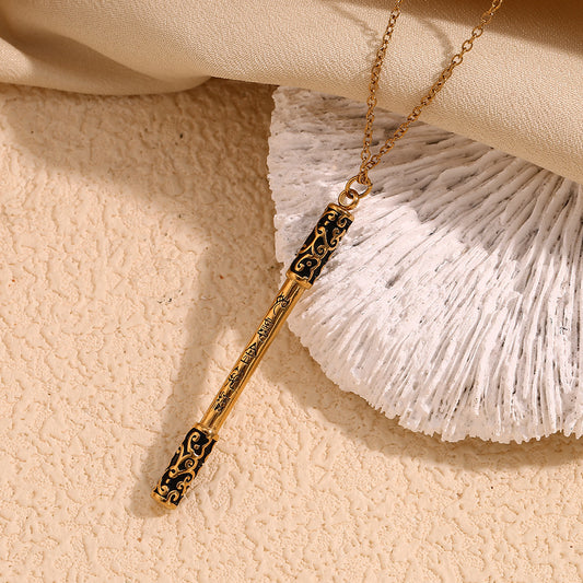 Minimalist Cartoon Character Black Wukong Golden Hoop Staff Pendant Necklace in Stainless Steel with 18K Gold Plating