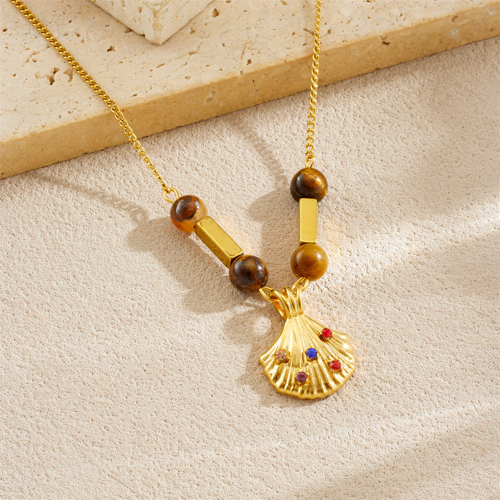 Vintage Gold Plated Stainless Steel Necklace with Cubic Zirconia and Tiger Eye Agate Beads