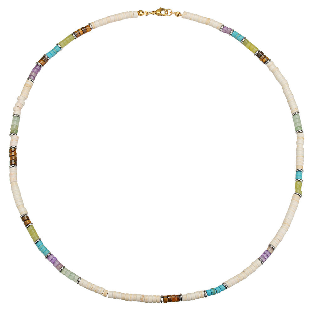 Unique Geometric Colorful Natural Gemstone and Wood Beaded Necklace Stainless Steel Cable Chain for Men and Women