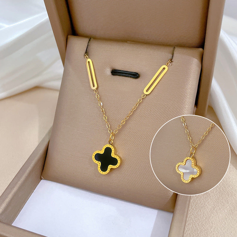 Minimalist Clover Flower Pendant Necklace in Titanium Steel with Gold Plating for Women