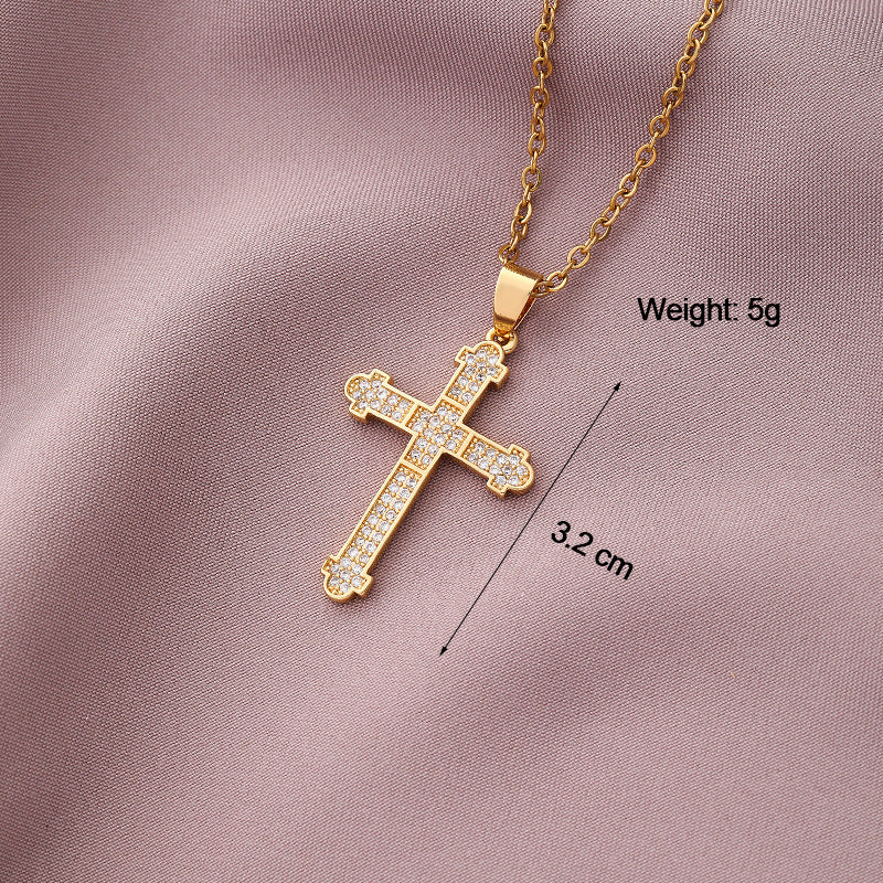Collar Minimalista de Cobre con Colgante de Cruz e Incrustaciones de Pedrería en Cadena O para Uso Unisex