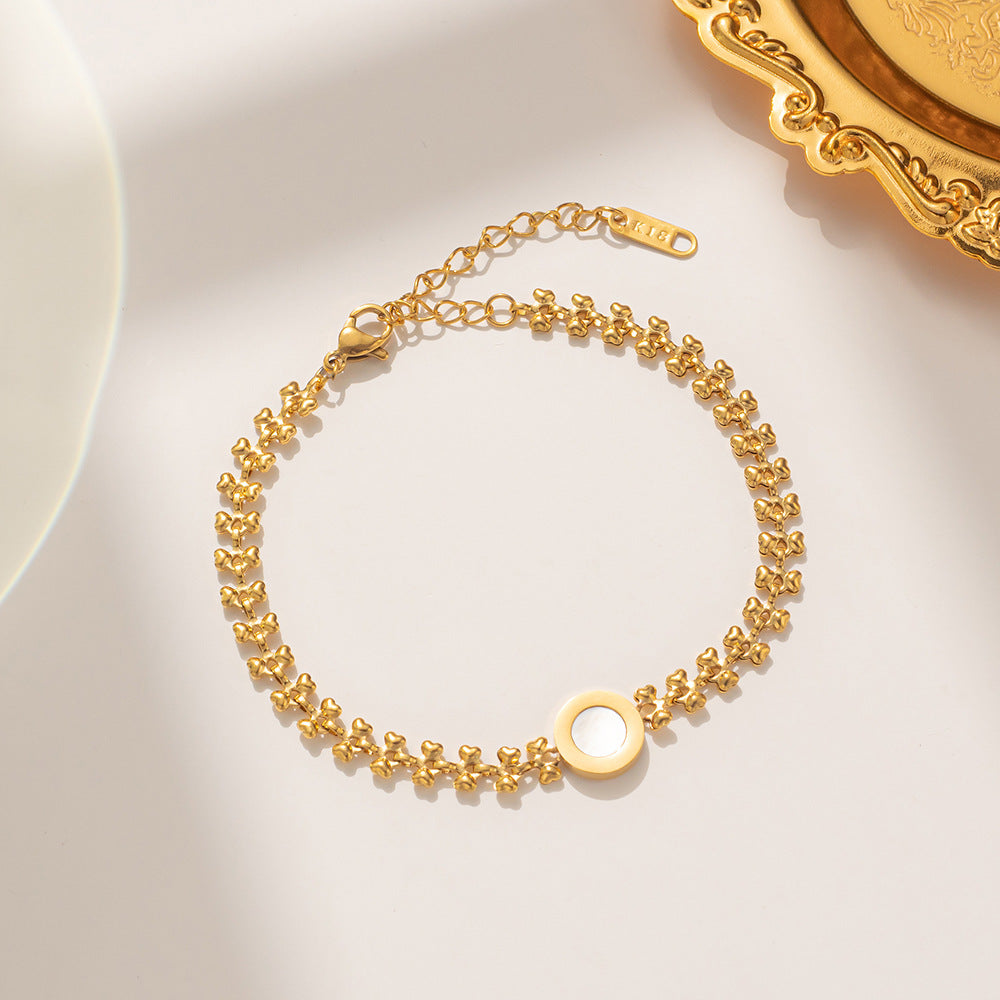 Vintage Wheat Sheaf Shaped Stainless Steel Bracelet with Gold Plating and Mother-of-Pearl Inlay for Women