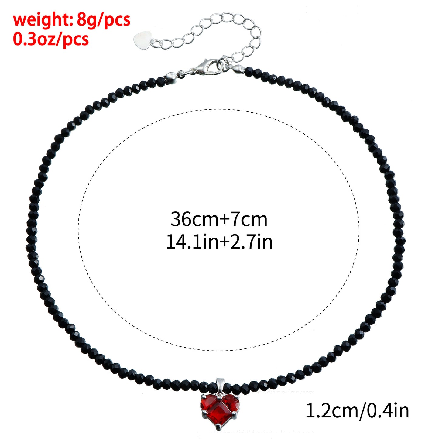 Fashionable Red Heart Zircon Pendant Necklace for Women with Electroplated Alloy and Black Crystal Beads on Clavicle Chain