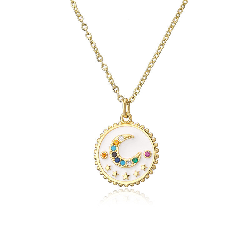 Elegant Drip Oil Moon Star Geometric Brass Inlay Necklace with Cable Chain