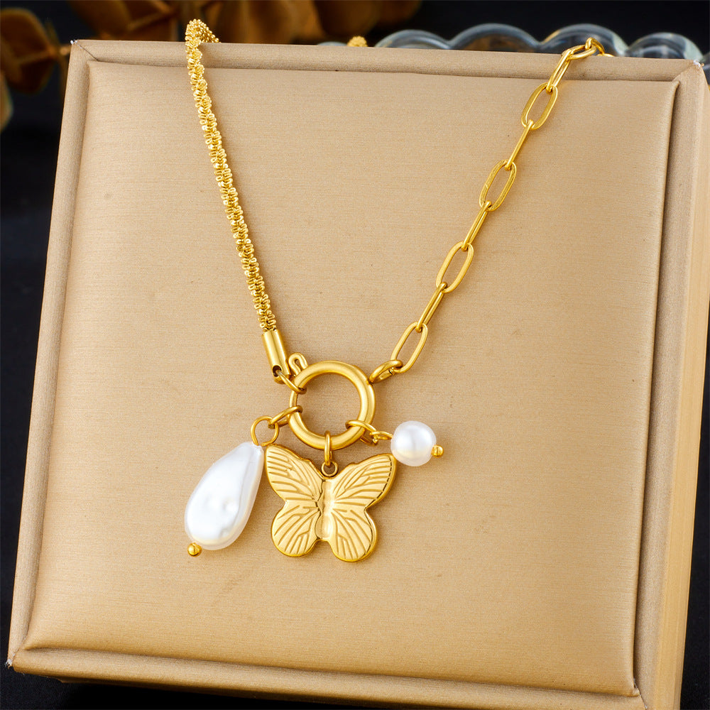 Minimalist Elegant Butterfly Teardrop Stainless Steel Plated Necklace for Women