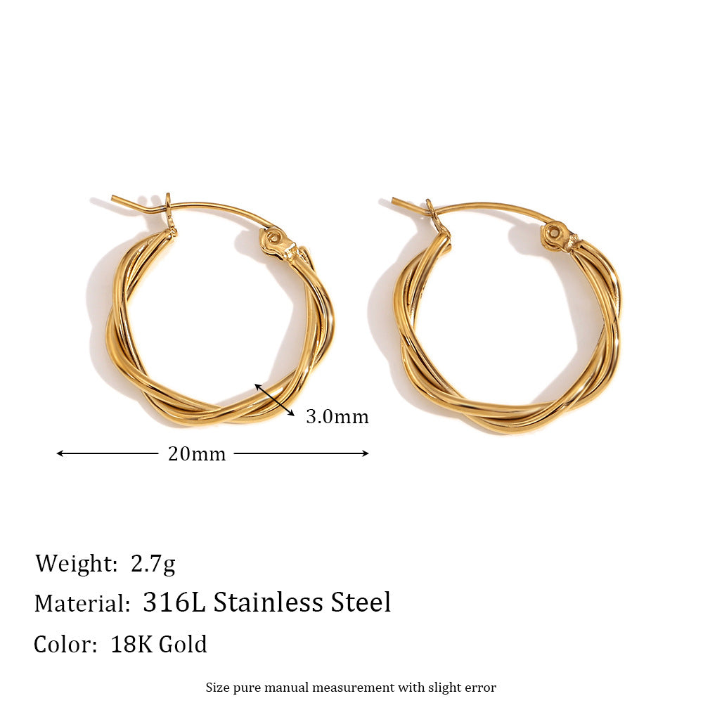 Minimalist Geometric Stainless Steel 18K Gold Plated Thin Braided Hoop Earrings for Women