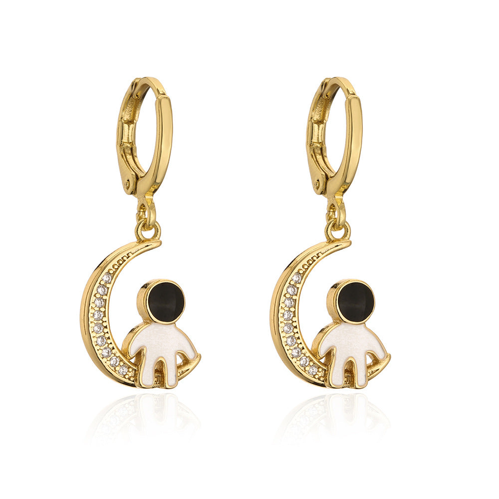 Minimalist Moon Astronaut Shaped Earrings in Copper with 18K Gold Plating and Enamel Finish for Women