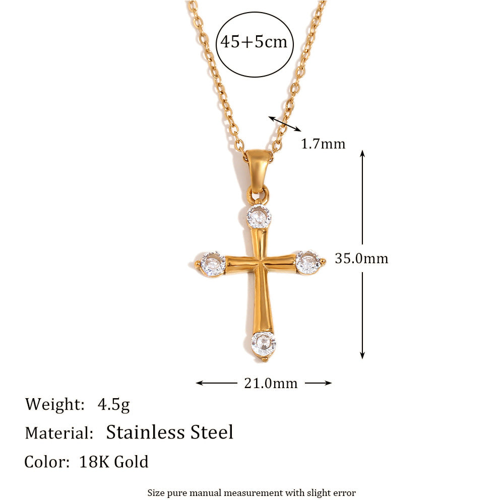 Collar con Colgante de Cruz Minimalista de Acero Inoxidable con Baño de Oro de 18K y Circonitas Blancas Microincrustadas para Mujer