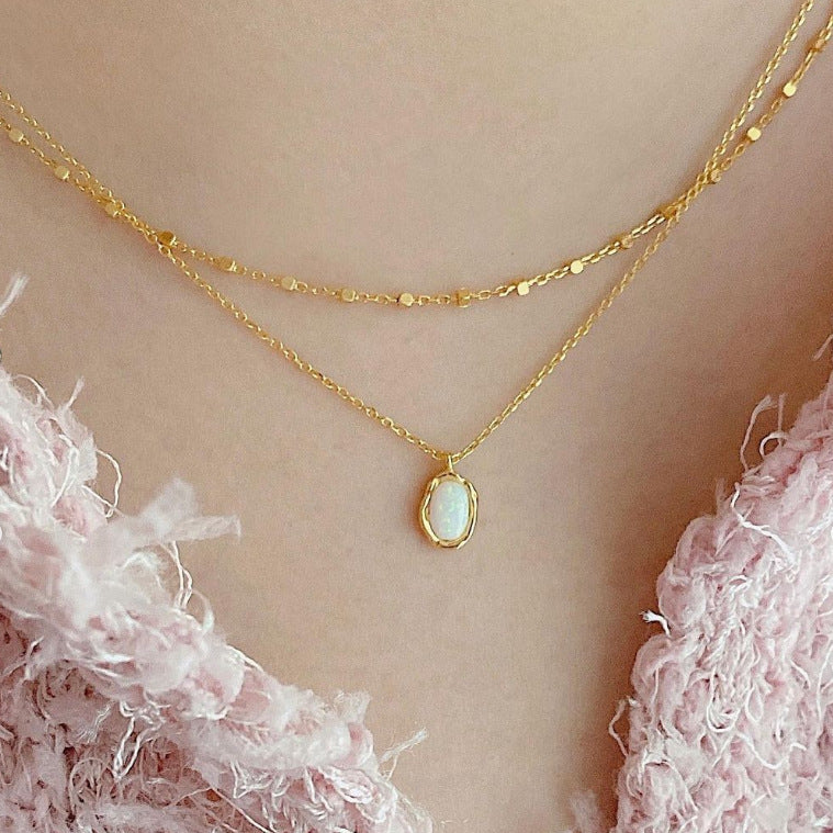 Minimalist Opal Pendant Necklace in 925 Sterling Silver with Geometric and Doll Motif Design