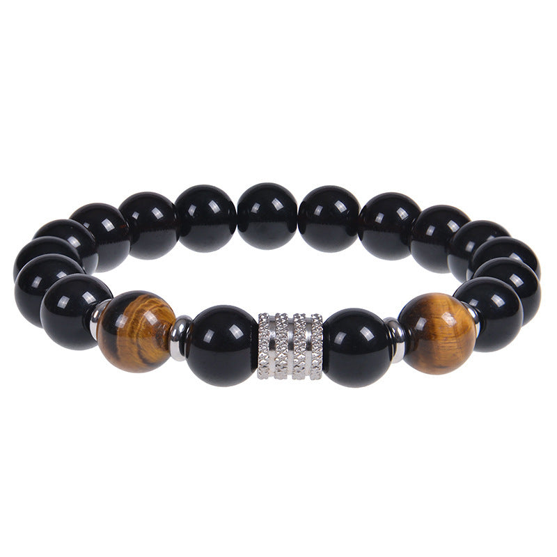 Minimalist Vintage Geometric Round Natural Obsidian Tiger Eye Stainless Steel Bracelet Unisex