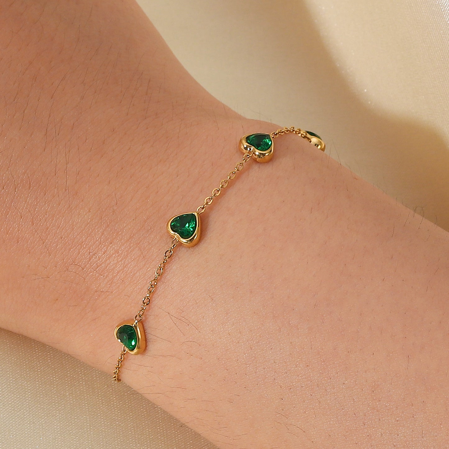 INS Style Geometric Titanium Steel Bracelet with 14K Gold Plating and Green Zirconia Accents for Women