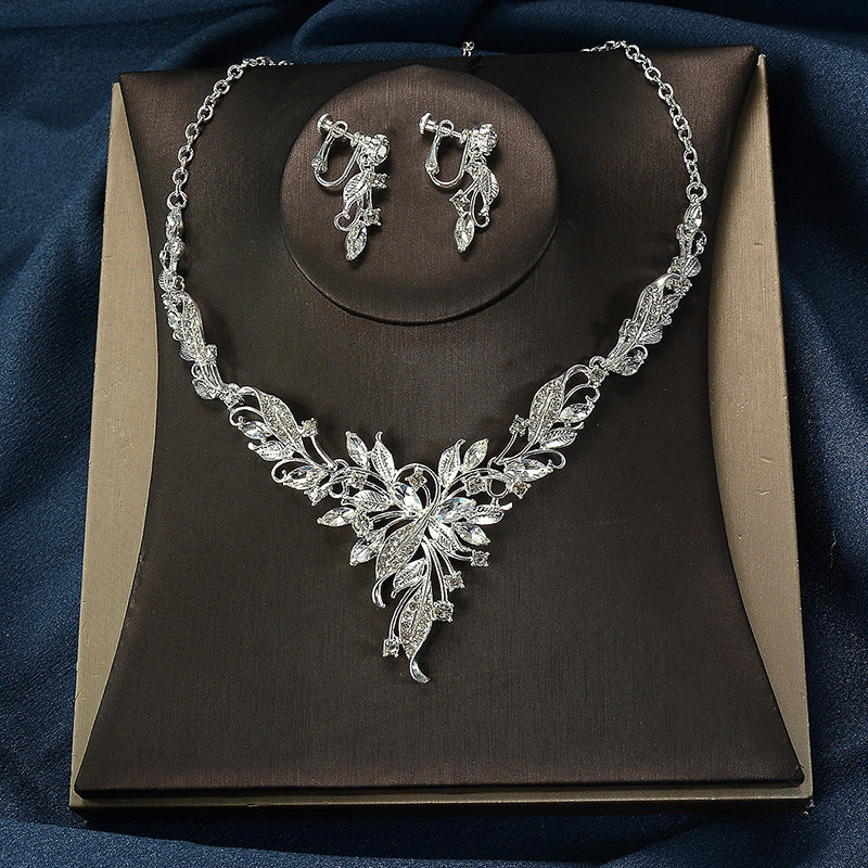 Minimalist Elegant Floral Pattern Alloy Plated Snake Chain Necklace and Earrings Set with Cubic Zirconia for Women