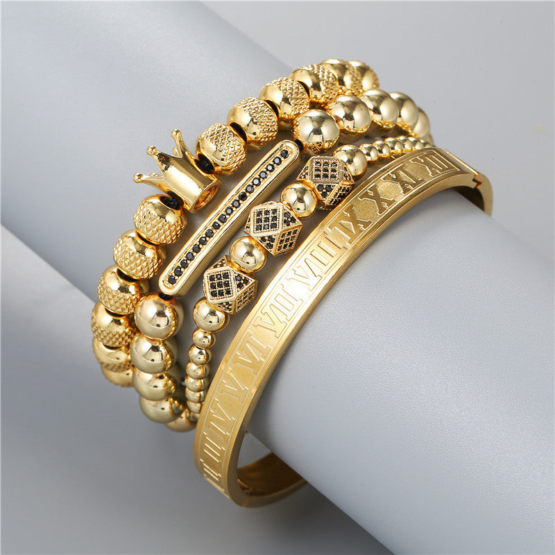 Geometric Crown-Shaped Titanium Steel Bracelet Set with Rhinestone Inlay and Plated Finish for Men and Women