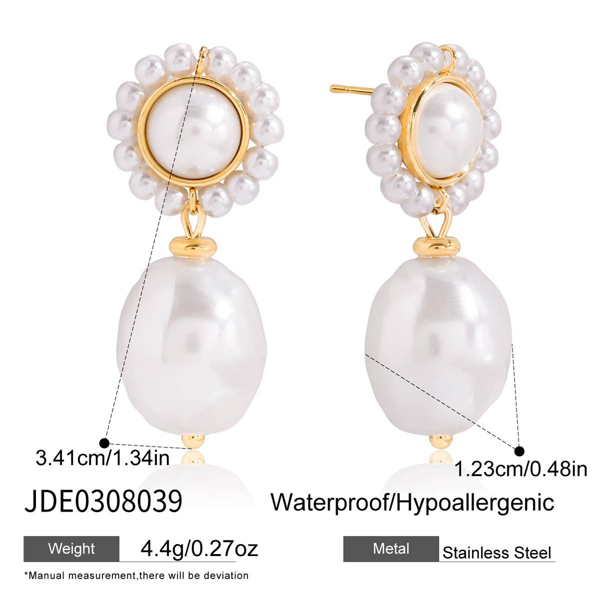 Orecchini a perno da donna in acciaio inossidabile geometrici e minimalisti con perle, finitura placcata, anallergici, gioielli di lusso