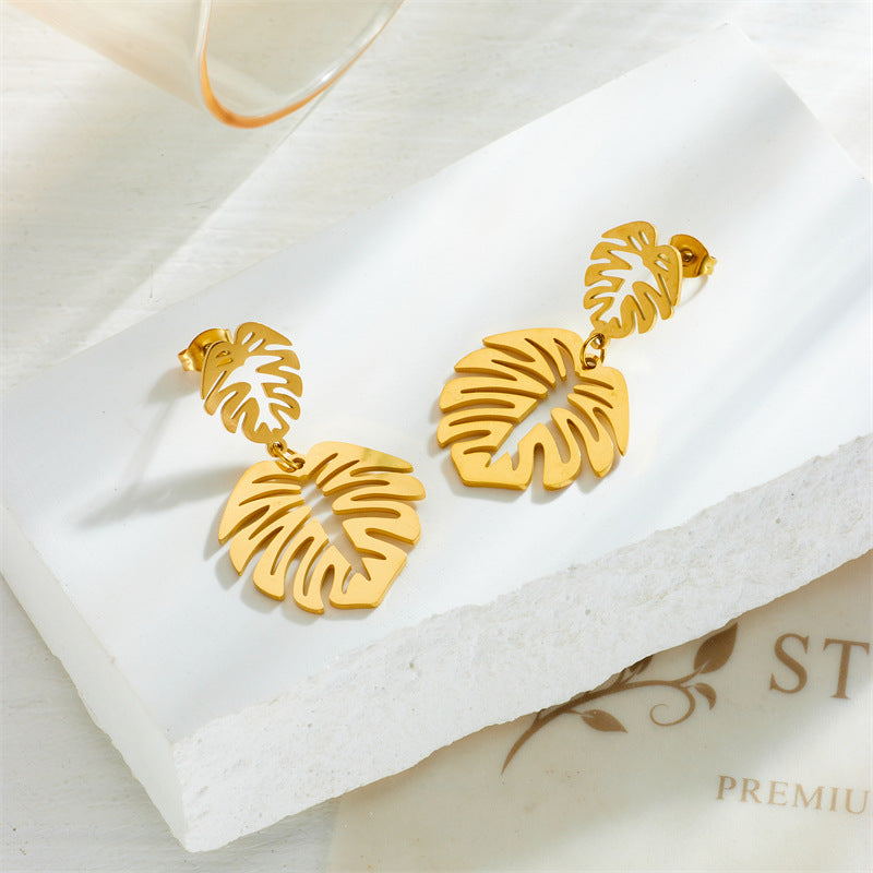 Minimalist Vintage-Inspired Leaf-Shaped Titanium Steel Earrings with Gold Plating for Women