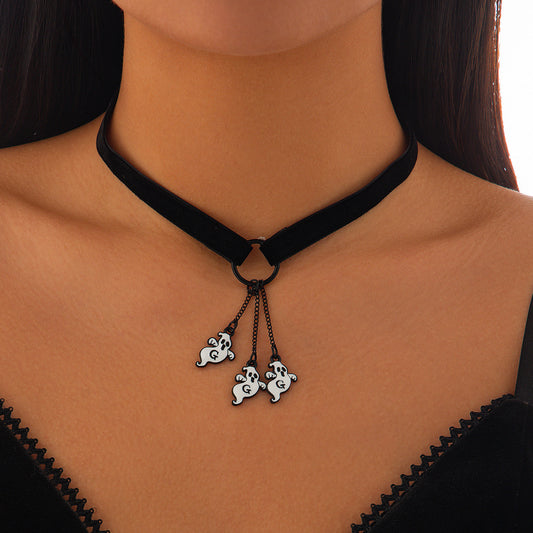 Collana girocollo a mezzaluna in stile gotico con motivi di zucca e fantasmi per donna, ciondolo in resina fatto a mano su catena di velluto
