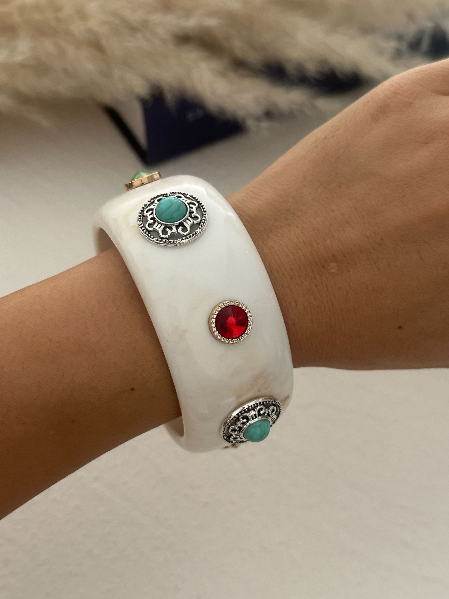Elegant Geometric Turquoise Resin Cuff Bracelet Gold Plated Wide Band