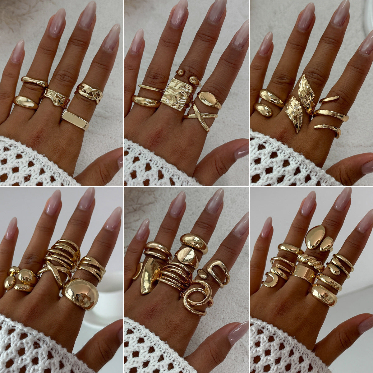 Juego de anillos geométricos minimalistas de aleación para mujer con acabado chapado, textura de arrugas líquidas y diseño apilable.