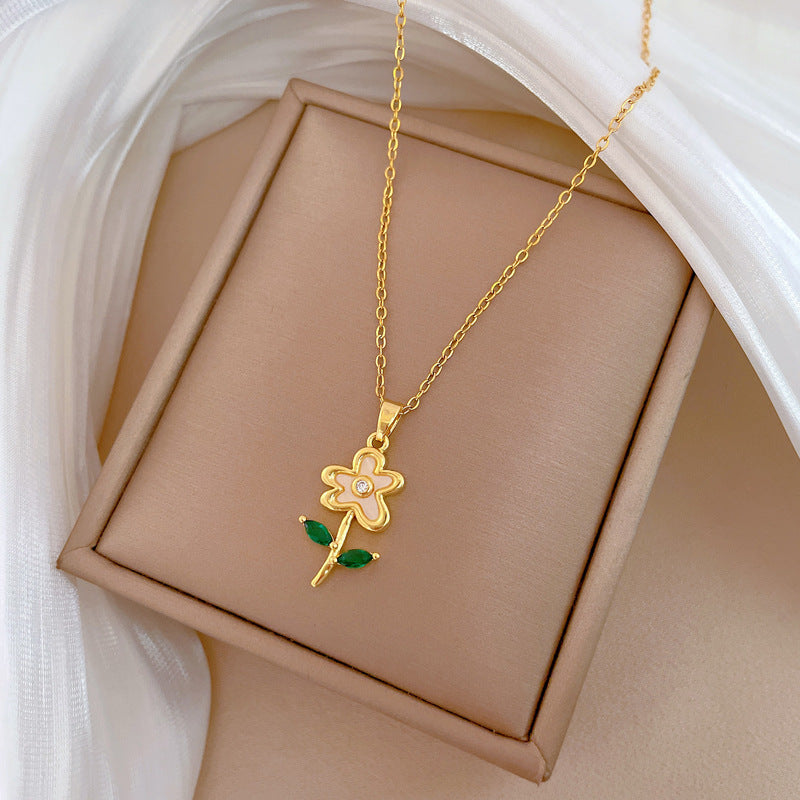 Collar con Colgante de Hoja, Concha y Flor de Acero Titanio de Lujo para Mujer con Incrustaciones de Diamantes de Imitación, Diseño Geométrico, Delicada Cadena de Clavícula