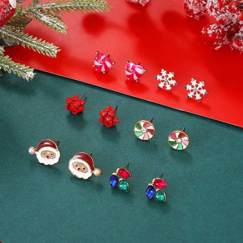 Ins Style Christmas Themed Alloy Stud Earrings with Snowflake Reindeer and Santa Claus Motifs for Women Electroplated with 14K Gold Posts