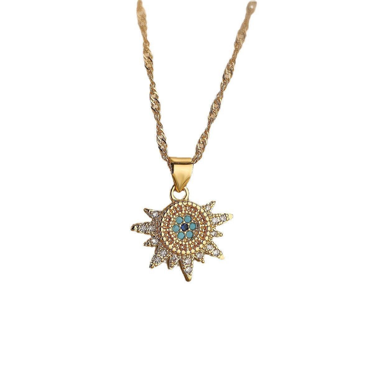 Minimalist 18K Gold Plated Copper Zircon Evil Eye Geometric Pendant Necklace and Earring Set for Women