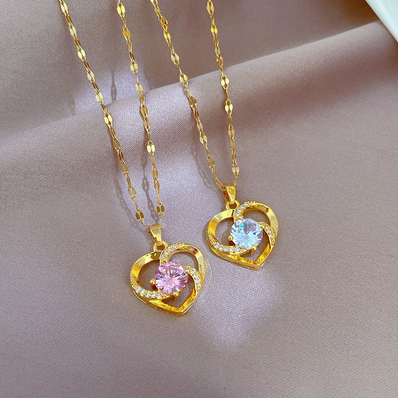 Collana geometrica di lusso Sweet Heart per donna in acciaio inossidabile con ciondolo strass Catena clavicola in acciaio al titanio