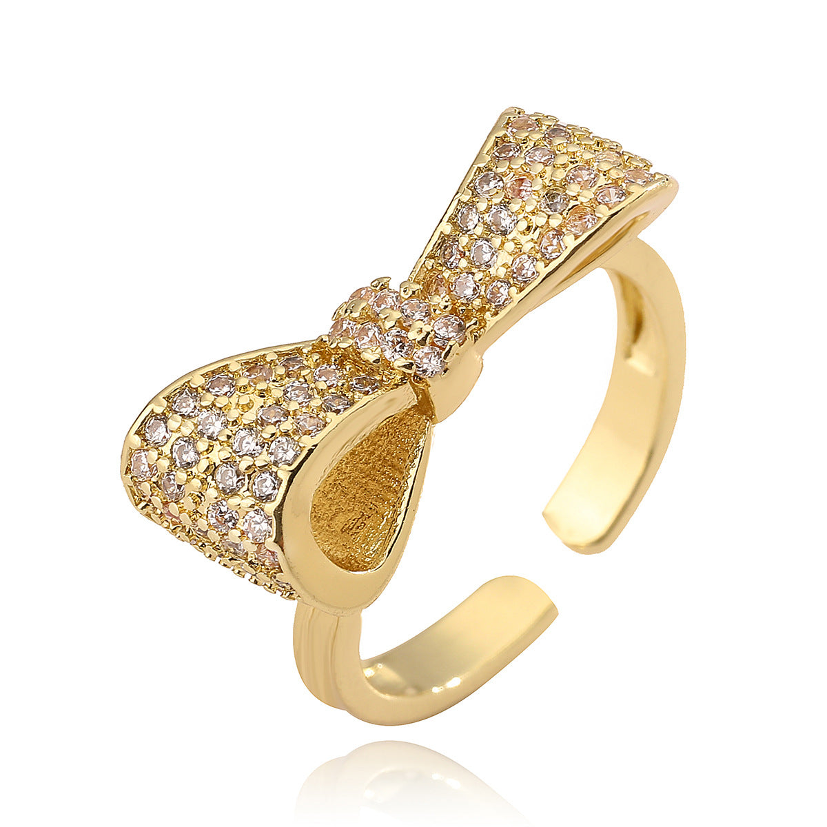 Sweet 18K Gold Plated Brass Geometric Bow Knot Ring with Cubic Zirconia for Women