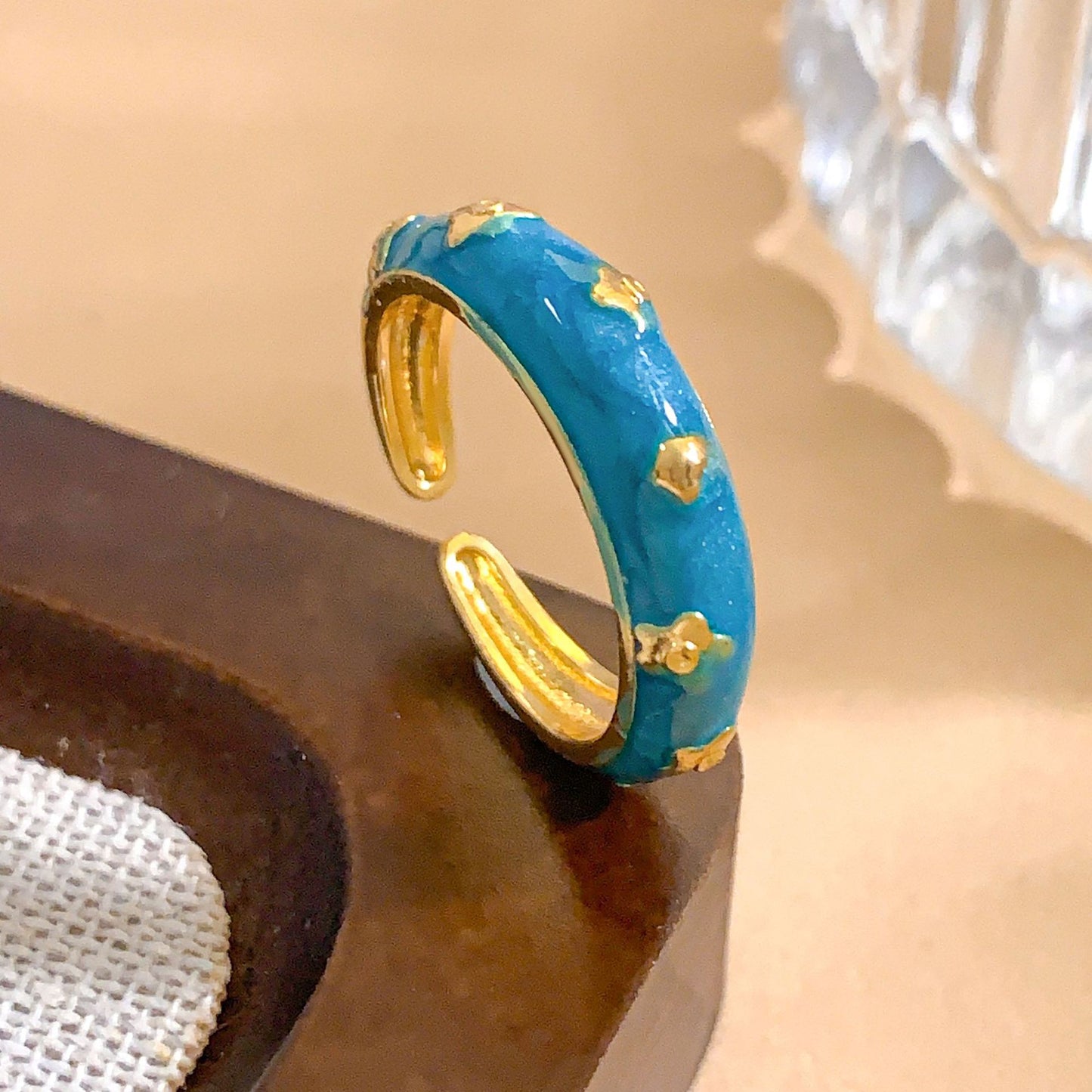 Vintage Sweet Gold Plated Brass Enamel Heart Adjustable Ring for Women