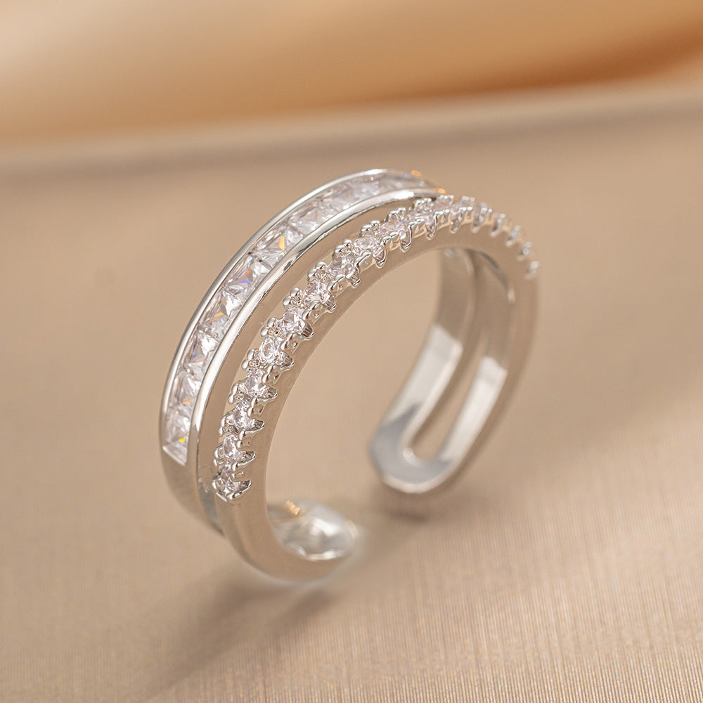 Luxury Minimalist Adjustable Open Ring for Women with Gold-Plated Copper Band and Zircon Stone Accent in Heart and Floral Shape