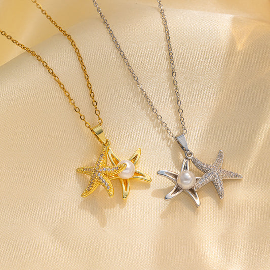 Geometric Star Pearl Pendant Necklace for Women in Titanium Steel with Micro-Pavé Zirconia and Plating Finish